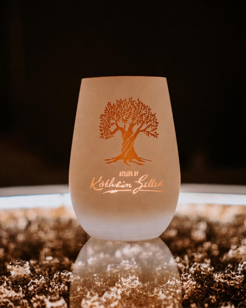 Teelichtglas Energiebaum Weiß/Gold von Kathrin Geller